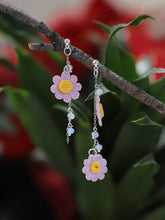 Load image into Gallery viewer, Assymetrical purple flower dangle earrings
